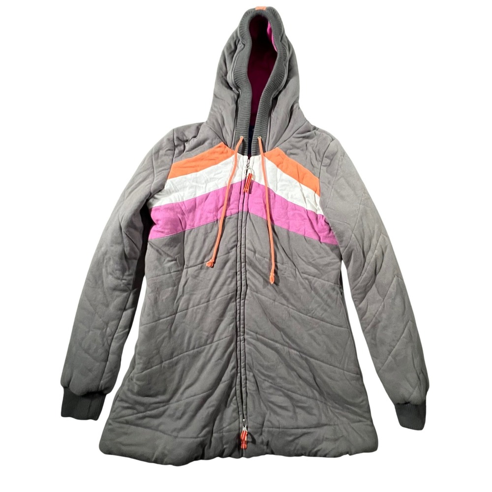 VTG Free People Quilted Hoodie Girl 12 Gray Colorblock Chevron Thermal Lined Zip